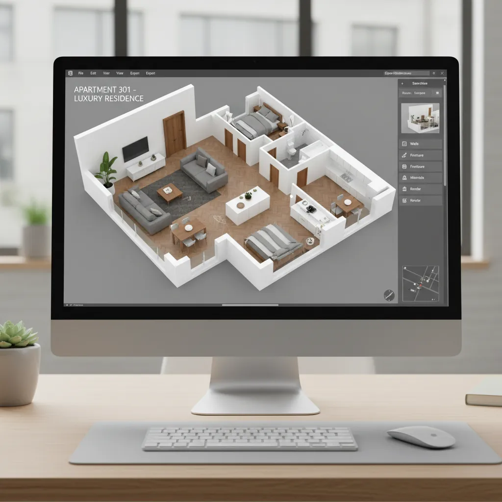 Computer screen showing 3D floor plan maker interface with apartment layout