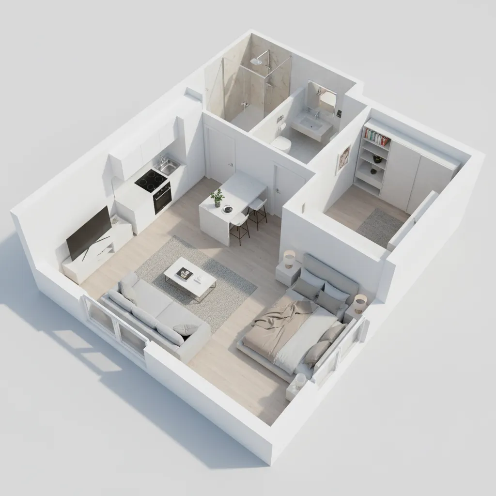 3D floor plan visualization of a modern apartment layout with furniture