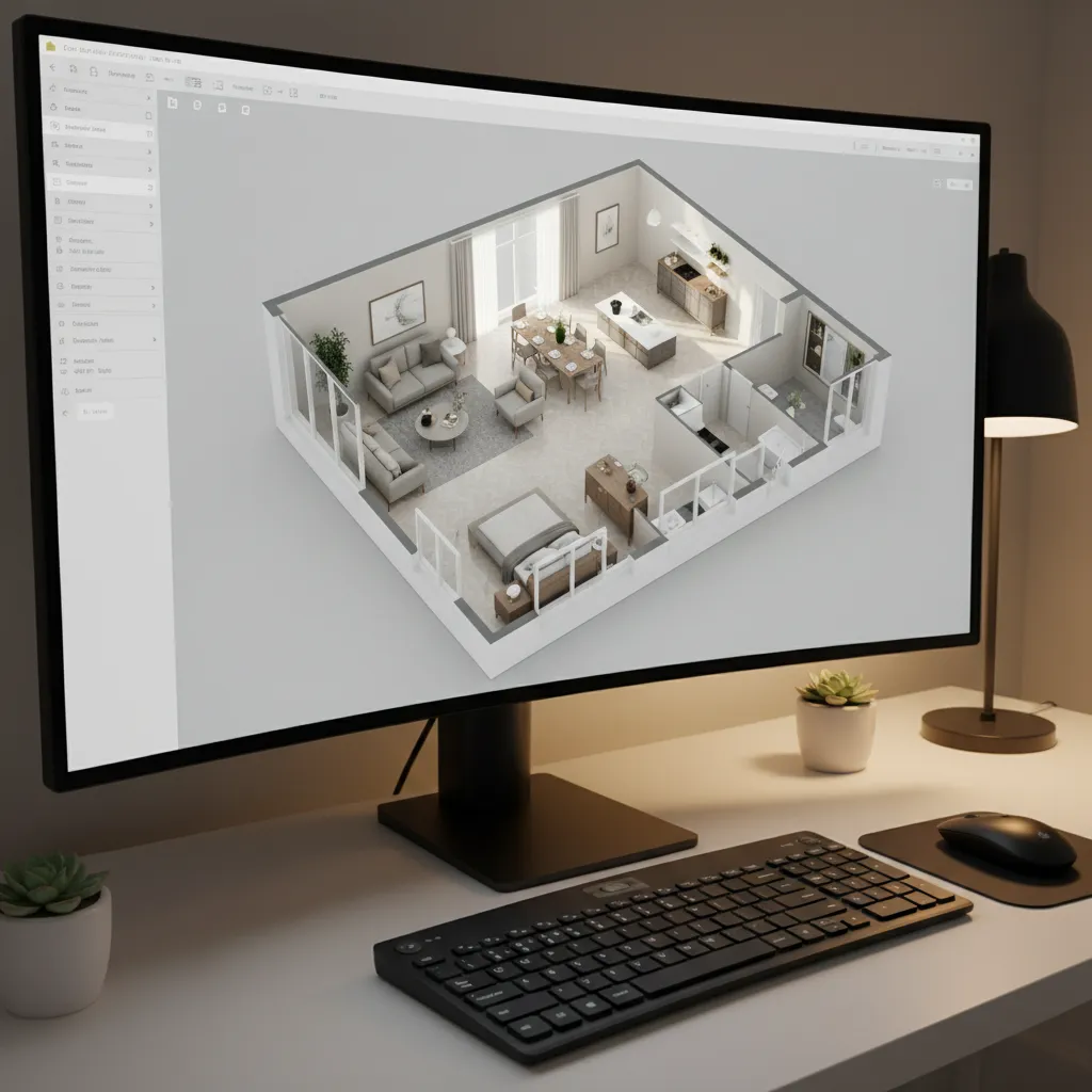 3D floor plan software interface showing a furnished apartment layout