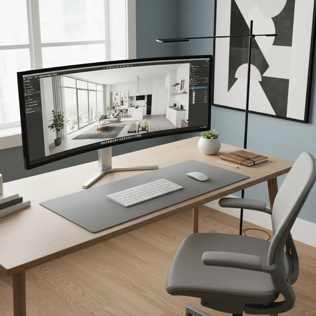 designer viewing a 3D floor plan layout of a modern apartment on a computer screen