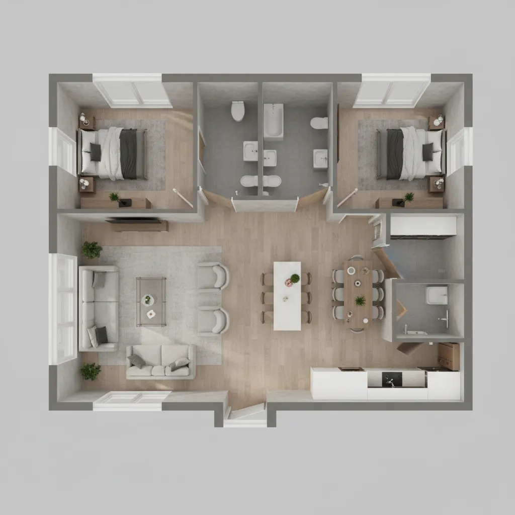 clean 3D floor plan layout showing optimized residential space planning