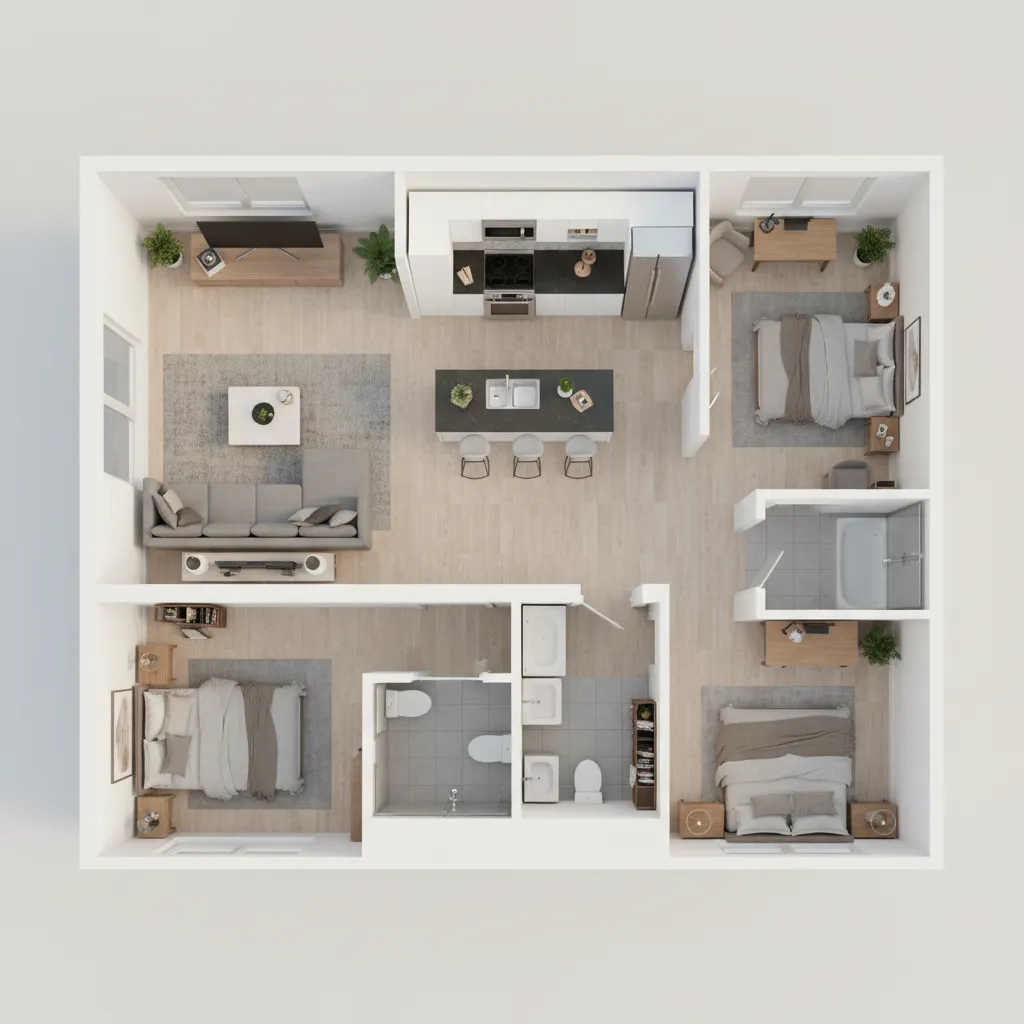 Plano 3D de vivienda con tres habitaciones y muebles