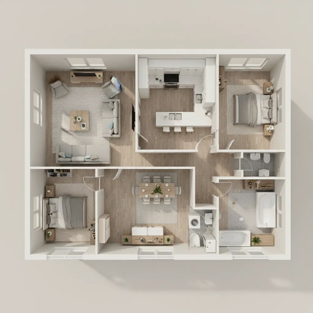 Realistic 3D floor plan showing furnished three bedroom home layout