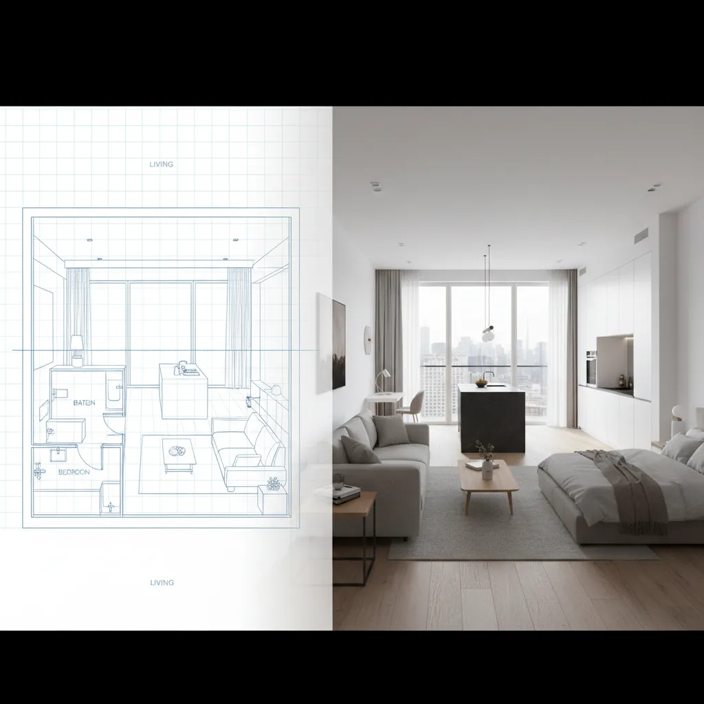 3D floor plan layout transitioning into a detailed modeled interior environment