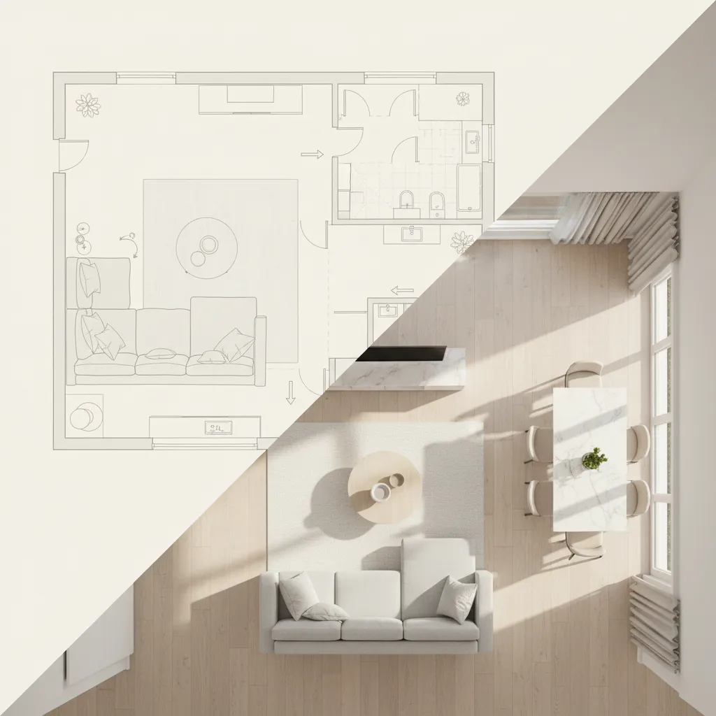 Example of a 2D floor plan converted into a 3D interior room model
