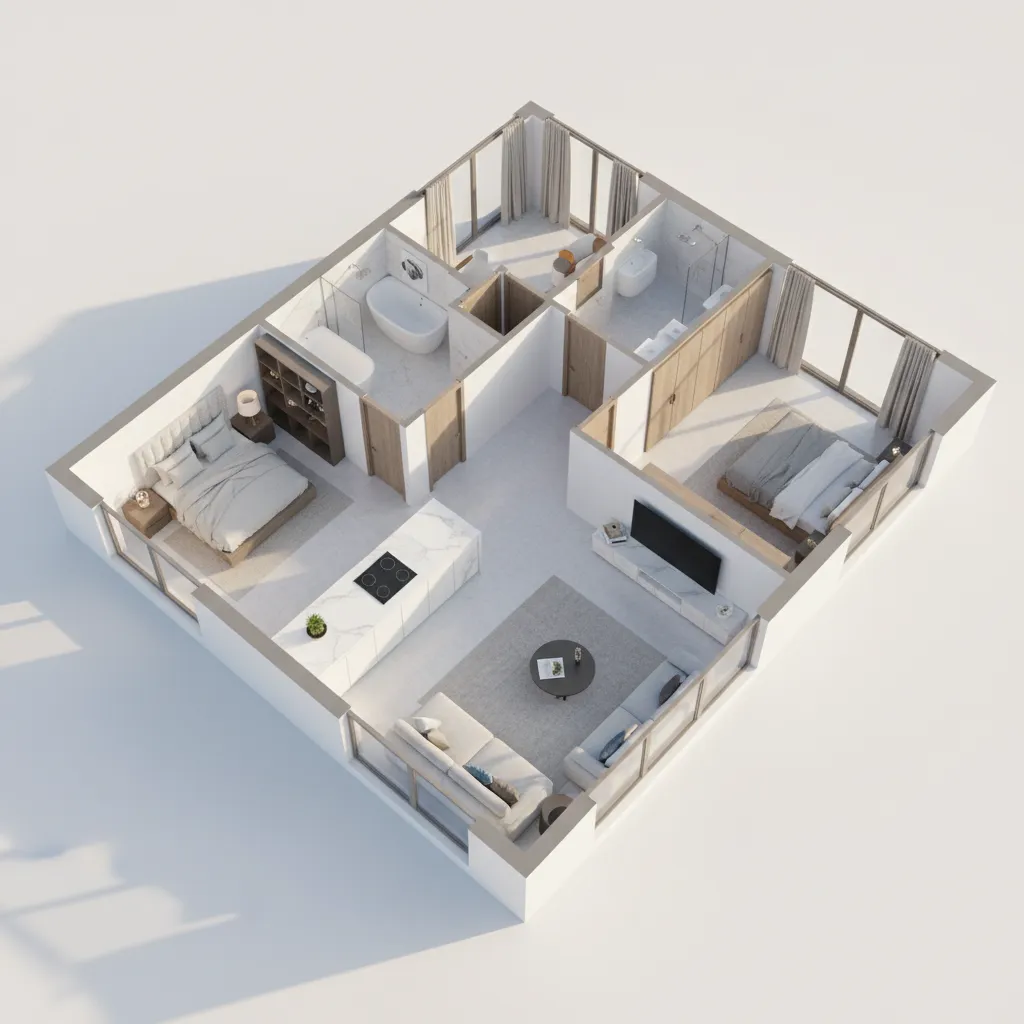 angled top view 3D architectural floor plan with modern interior layout