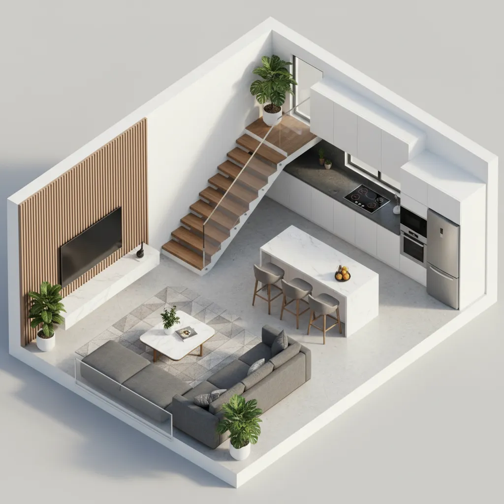 Mặt bằng 3D nhà phố với phòng khách bếp và cầu thang