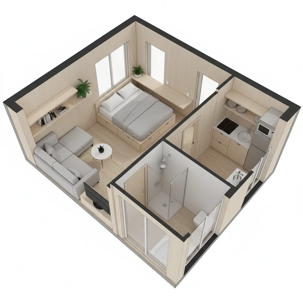 Modern studio apartment interior design drawing with a bed grey sofa kitchen and glass bathroom