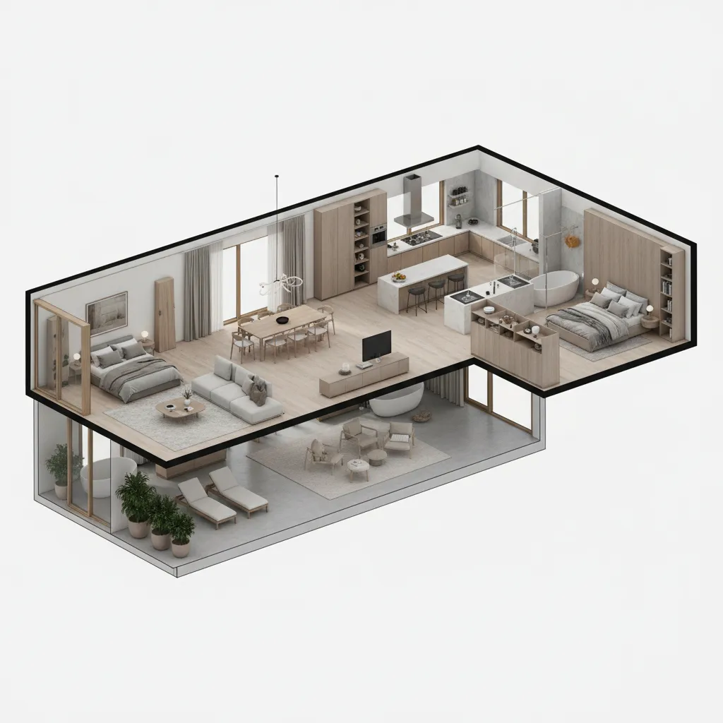 Plano 3D de una casa mostrando habitaciones y muebles