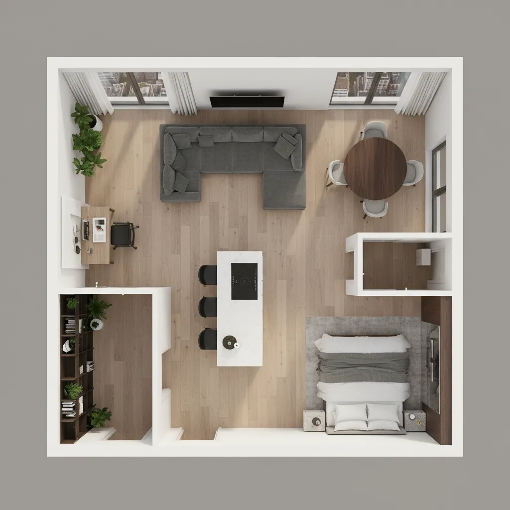 Top-down view of a 3D floor plan showing living room kitchen bedroom and dining area