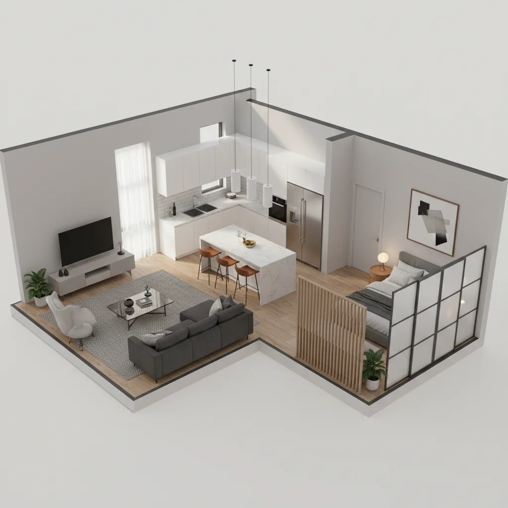Plano 3D de un apartamento mostrando muebles y distribución del espacio