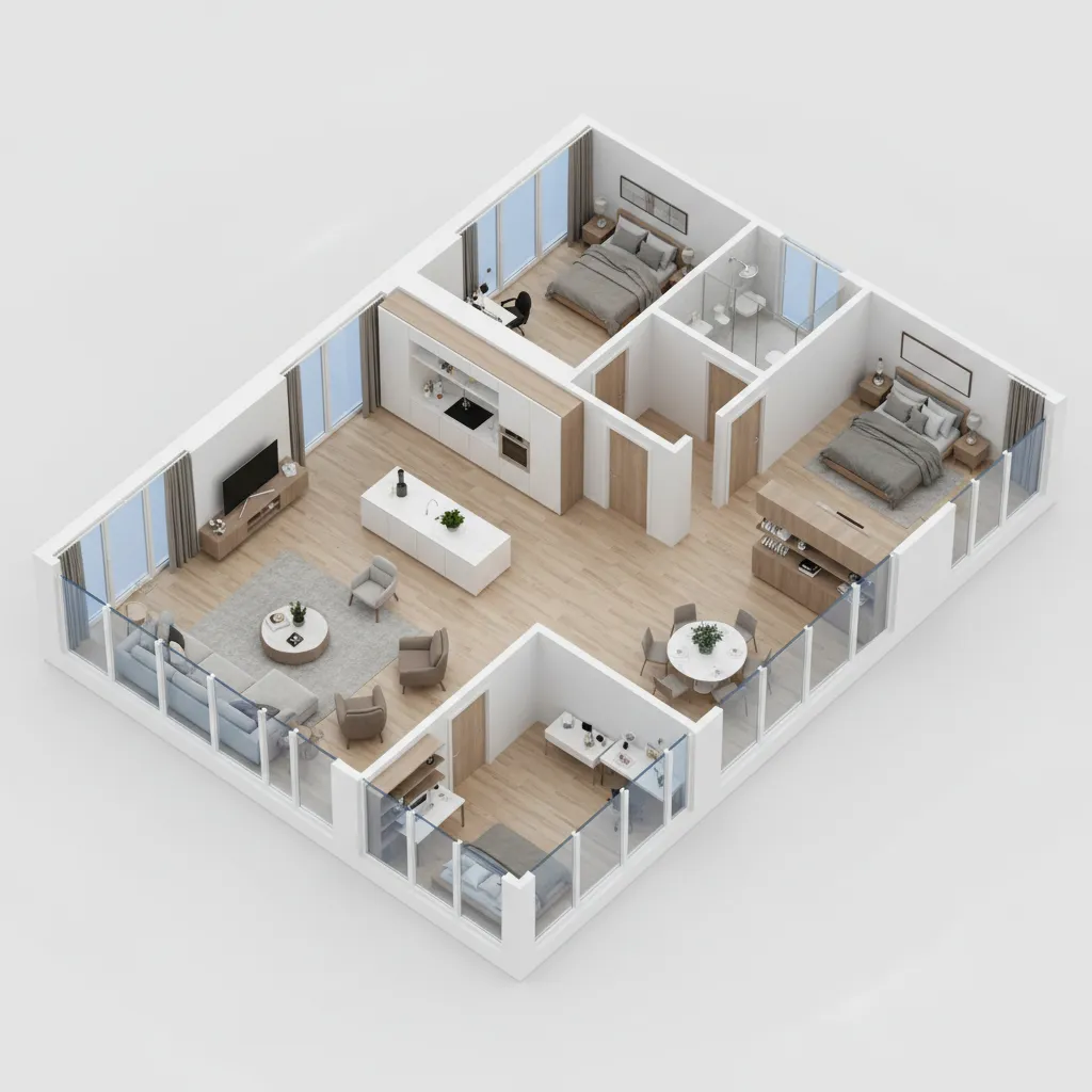 Plano 3D de un apartamento visualizado en software de diseño