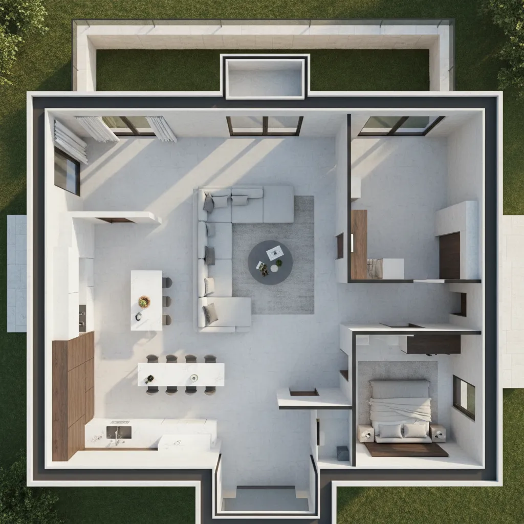 Visualisasi denah rumah dalam tampilan 3D realistis