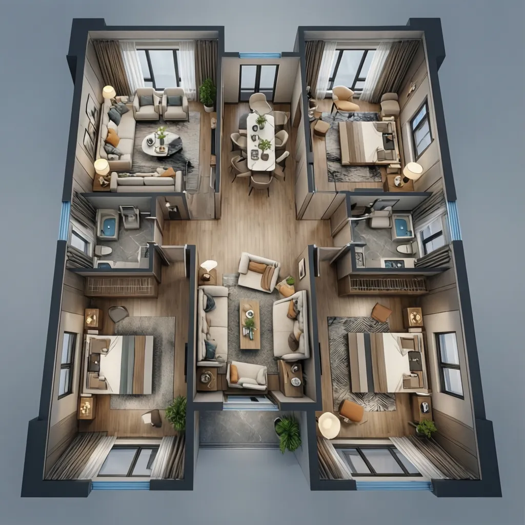 Plano de vivienda en 3D mostrando distribución de habitaciones