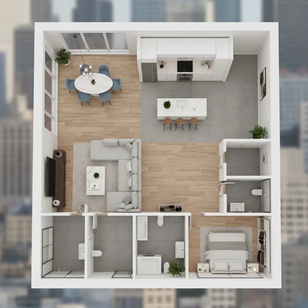 Plano 3D de distribución de una vivienda moderna