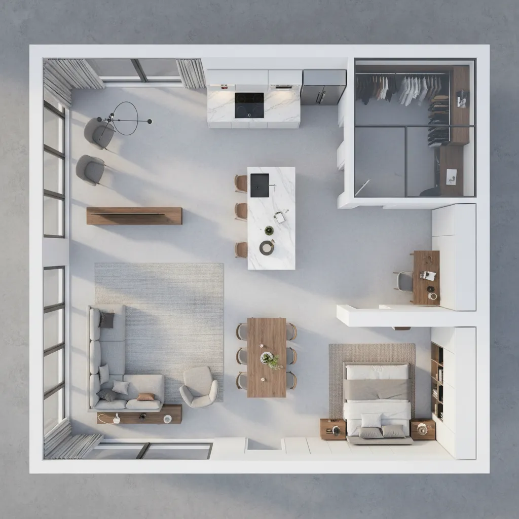 Interior design drawing showing top down view of open plan apartment kitchen living and bedroom