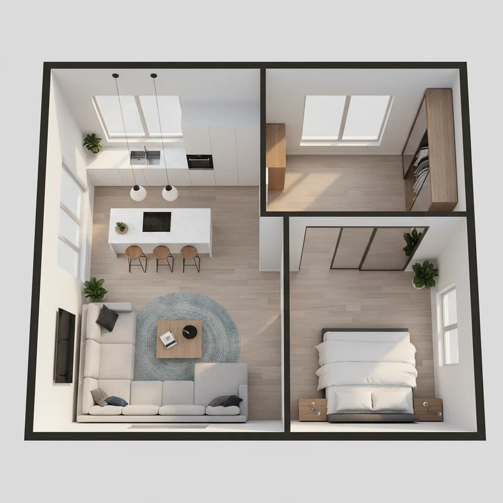 Top down 3D view of an apartment layout with kitchen living room and one bedroom