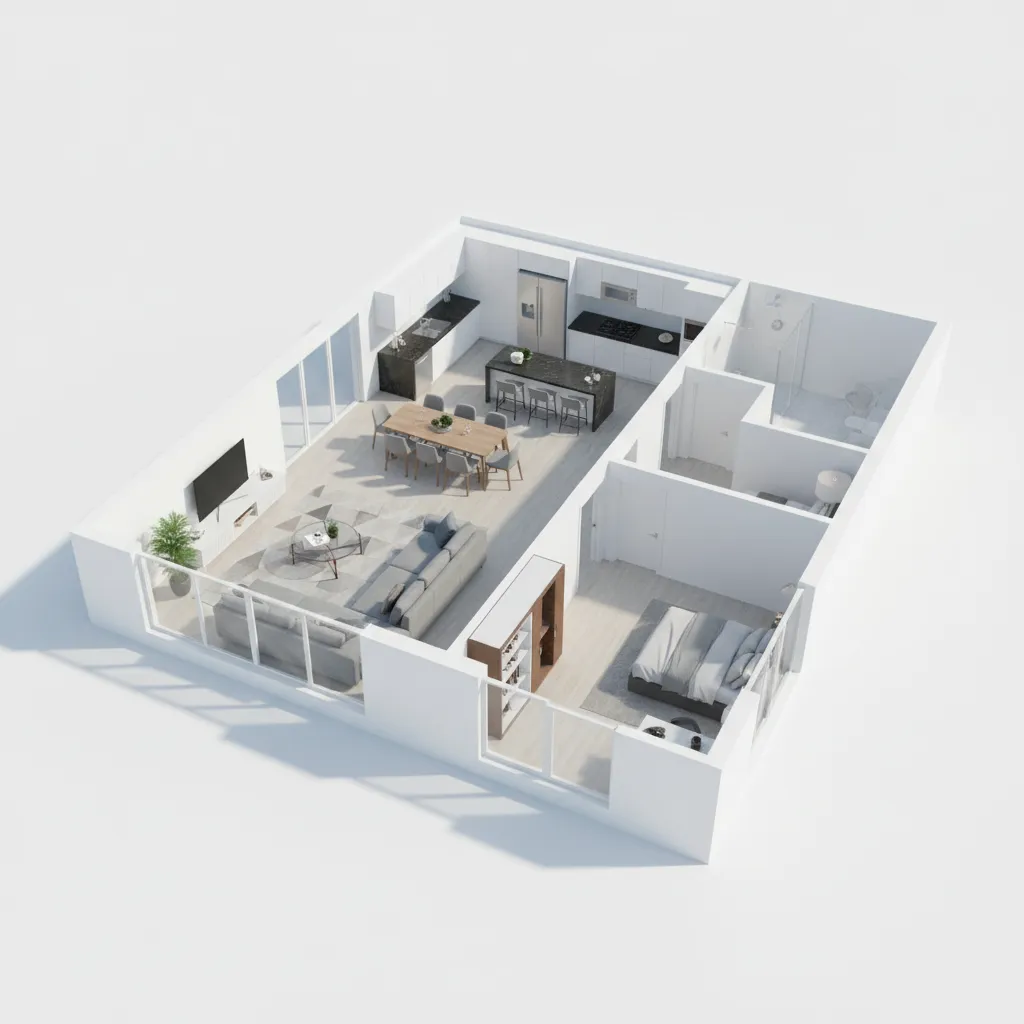 visualización 3D de plano de vivienda con distribución