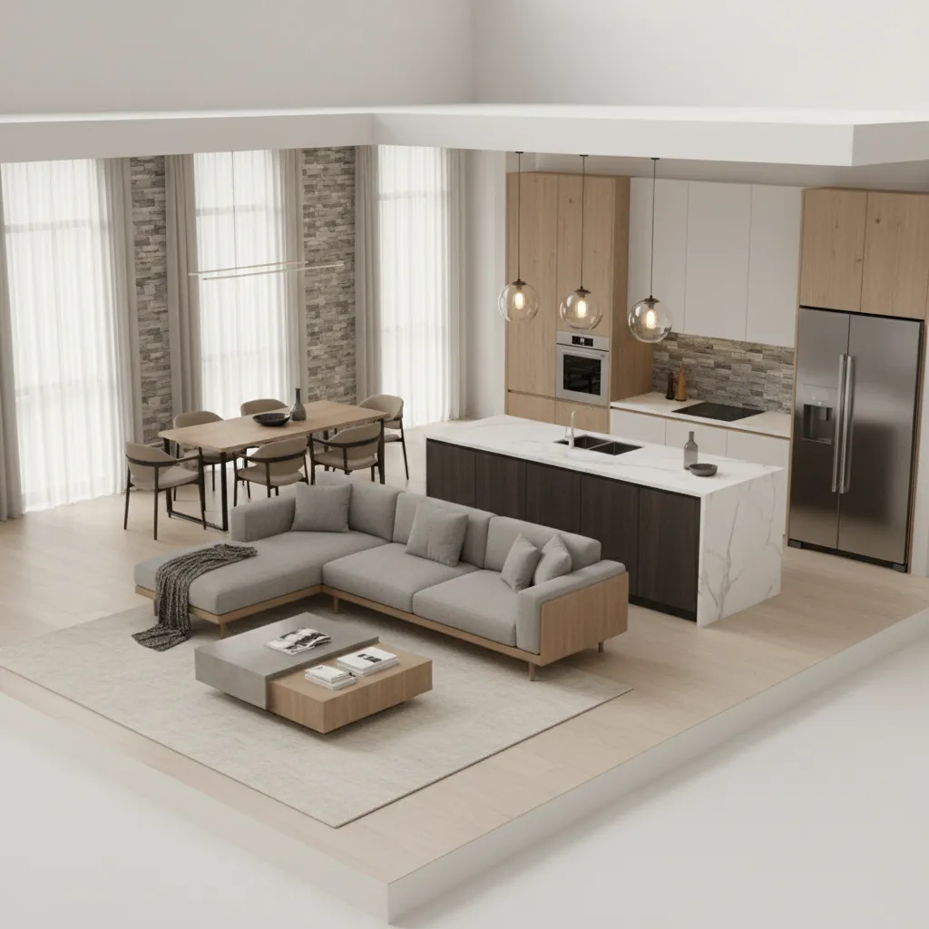 3D floor plan visualization showing furnished living room and kitchen layout