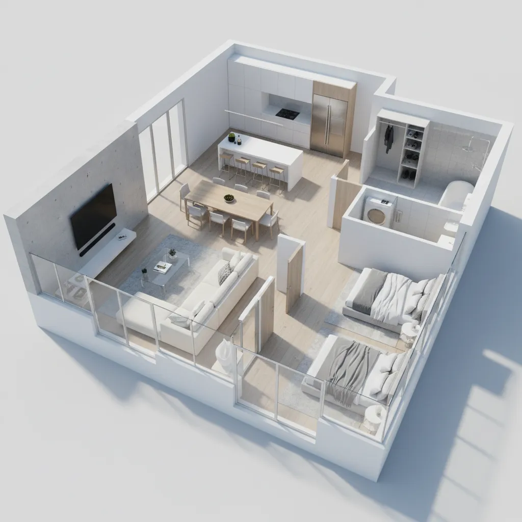 3D digital house floor plan with rooms furniture and layout visualization