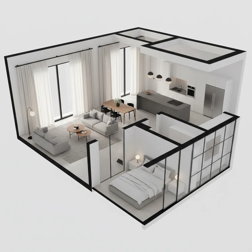 3D rendered home floor plan showing furniture and interior layout