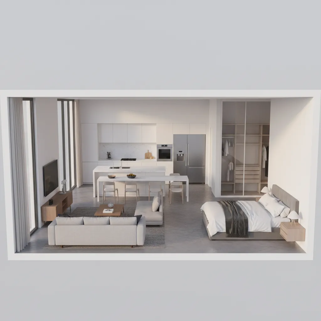 3D visualization of a modern apartment floor plan with furniture layout