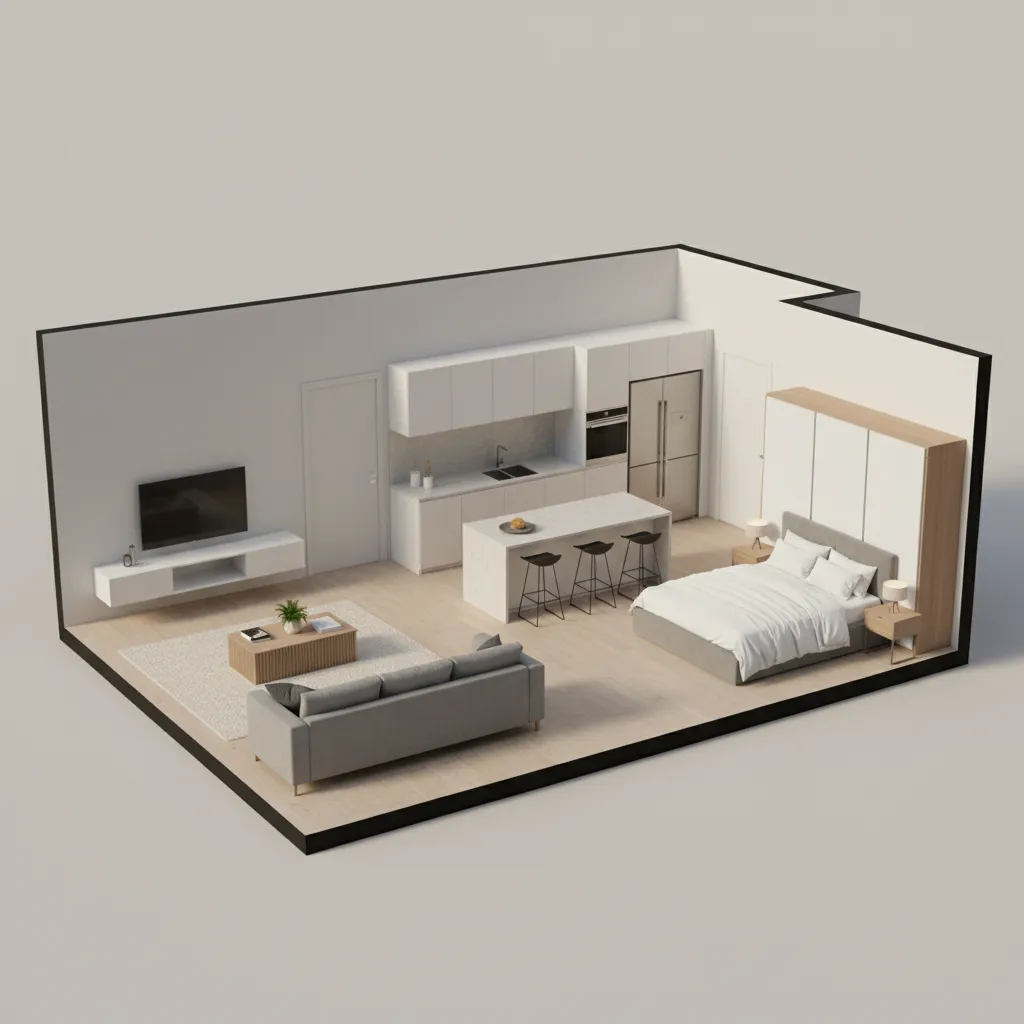 3D rendered apartment floor plan showing furniture placement and room layout
