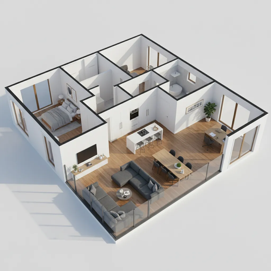 3D visualization of home floor plan with walls furniture and lighting