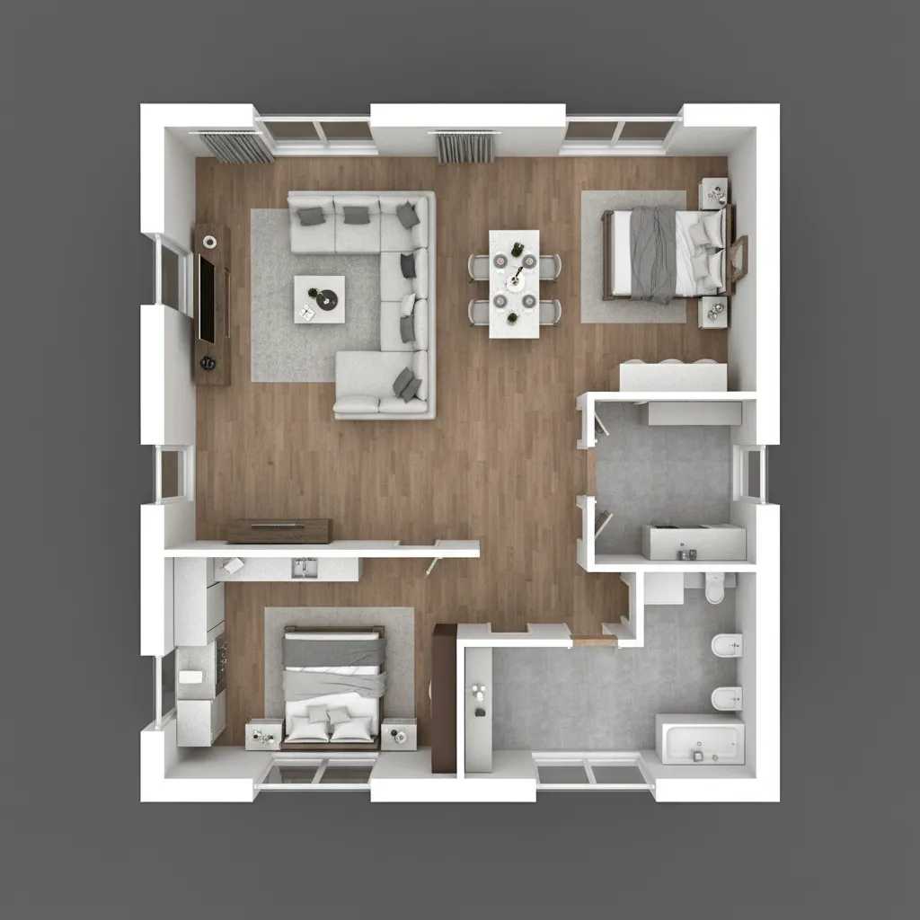 Detailed 3D floor plan rendering showing furniture layout of modern home