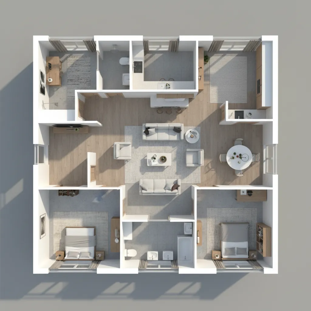 3D floor plan visualization showing furniture layout and room flow