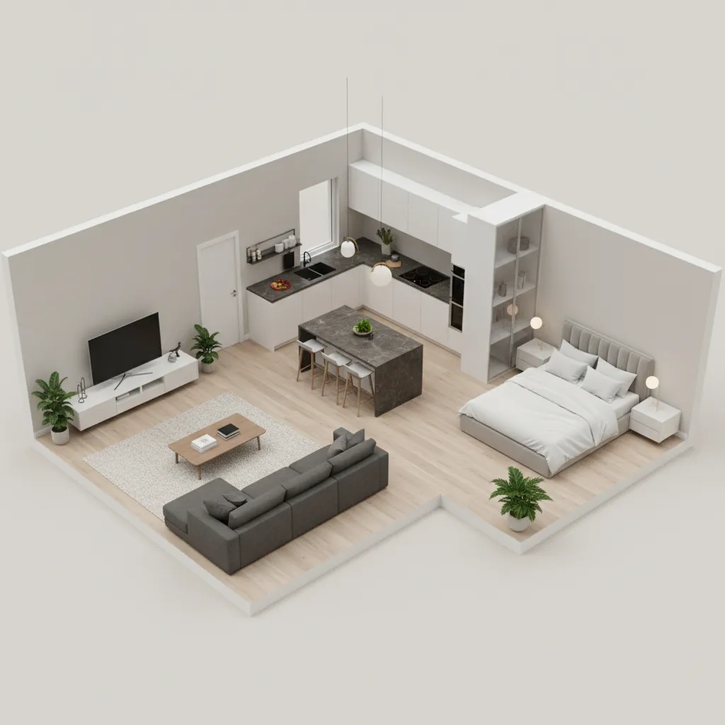 3D floor plan visualization of a small apartment layout