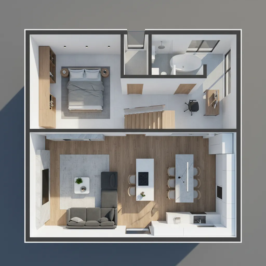 3D visualization of a home floor plan showing furniture layout