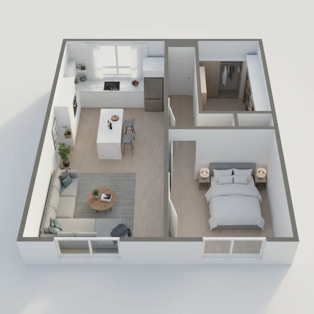 3D visualization of a small apartment created from a floor plan design
