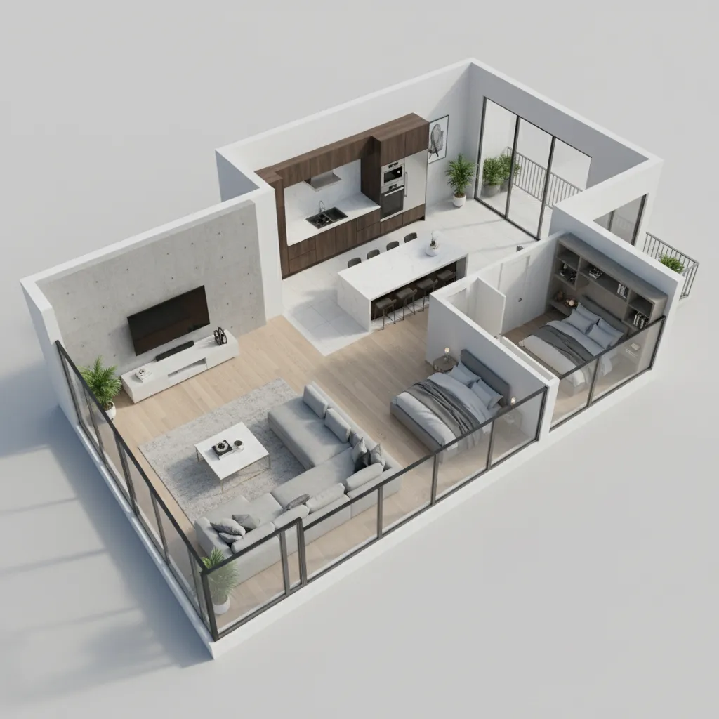 Visualización 3D de plano de casa con muebles y distribución interior