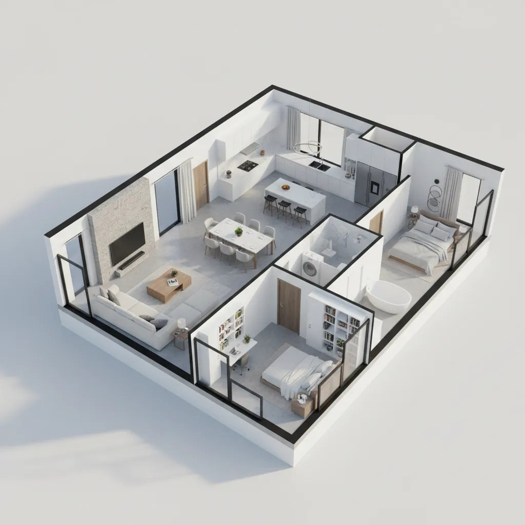 3d house floor plan visualization with furniture and walls