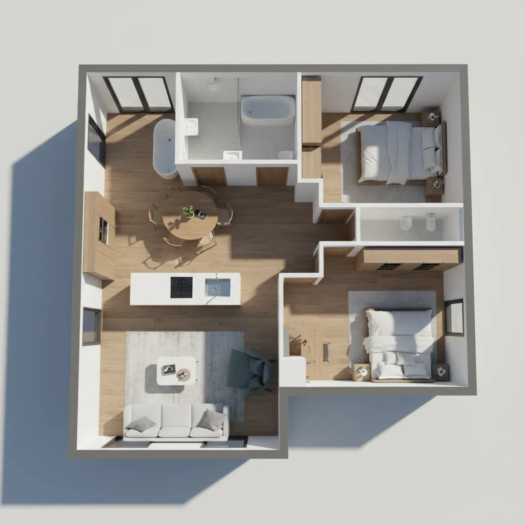 3D floor plan rendering of modern apartment with furniture layout