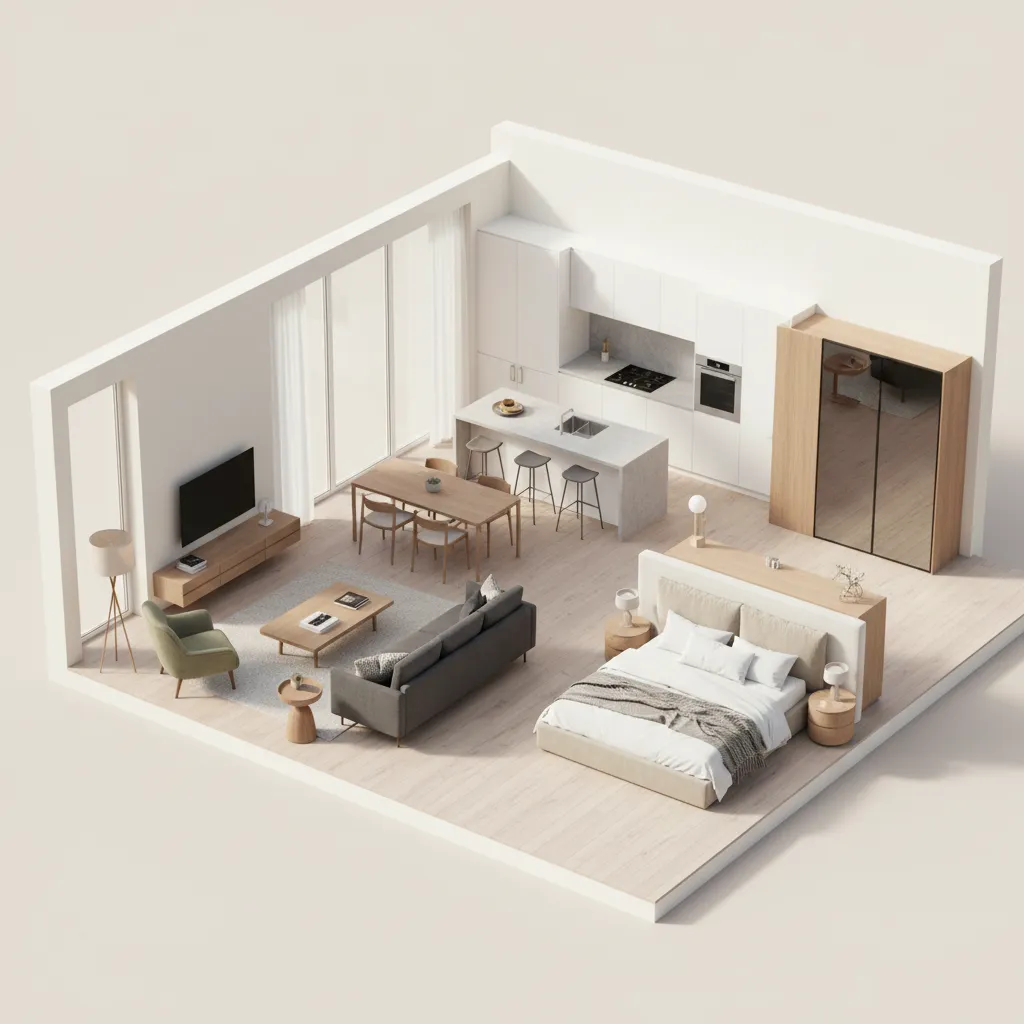 3D floor plan visualization of a modern apartment interior layout