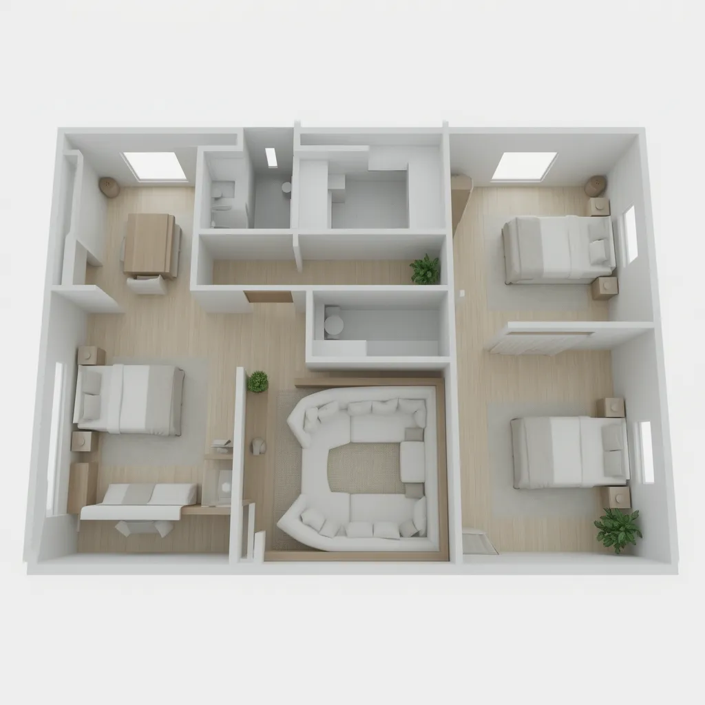 3D rendered house floor plan visualization with furniture layout
