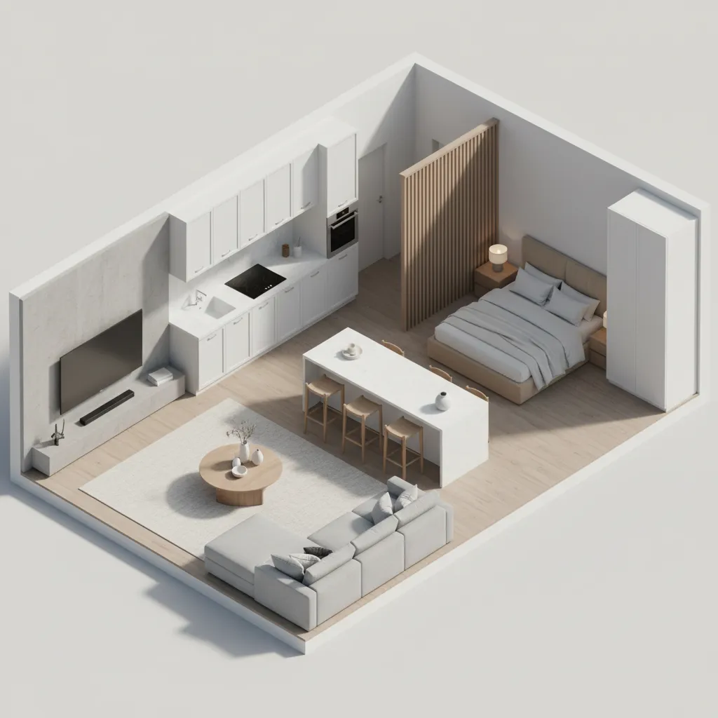 3D floor plan visualization of a modern apartment layout
