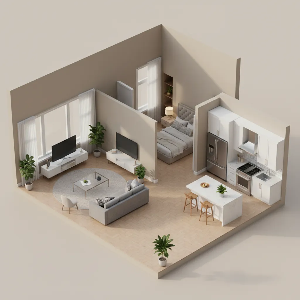3D rendered home floor plan visualization showing multiple rooms and furniture layout