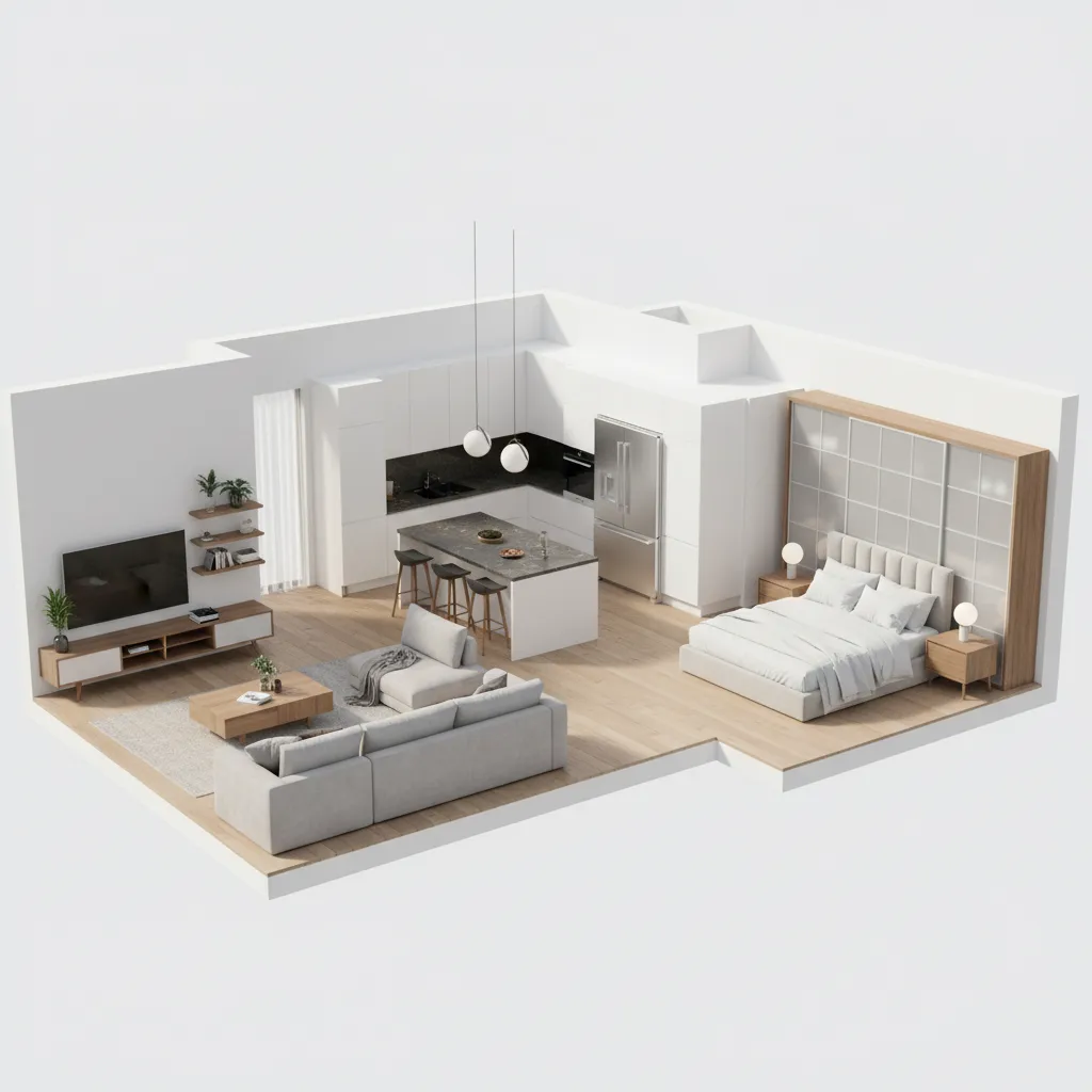 3D floor plan visualization of a small apartment interior generated from planning software