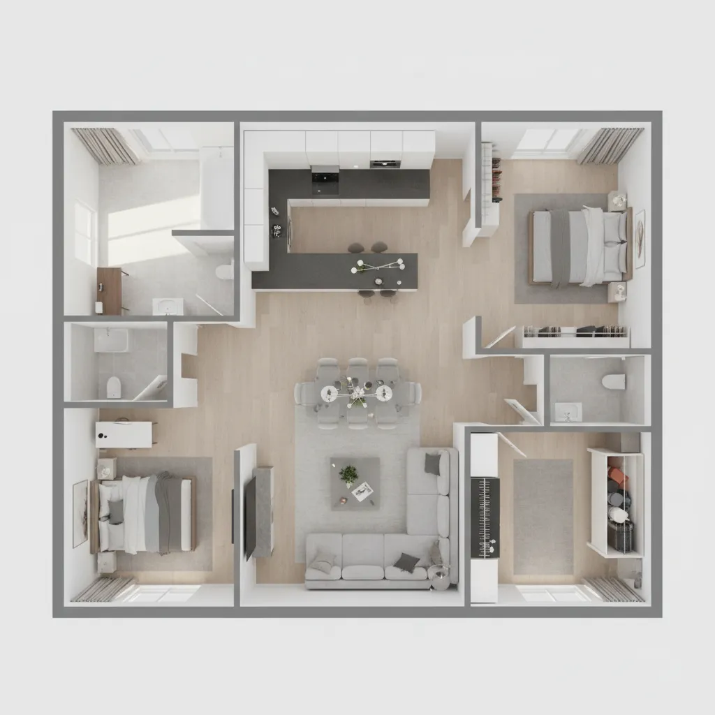 3D floor plan visualization of apartment created using interior design software