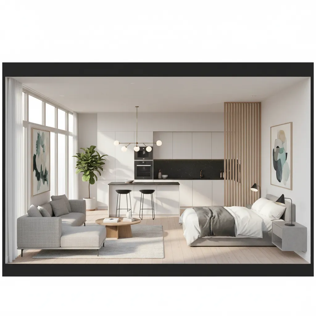 3D rendered apartment floor plan visualization with furniture and lighting