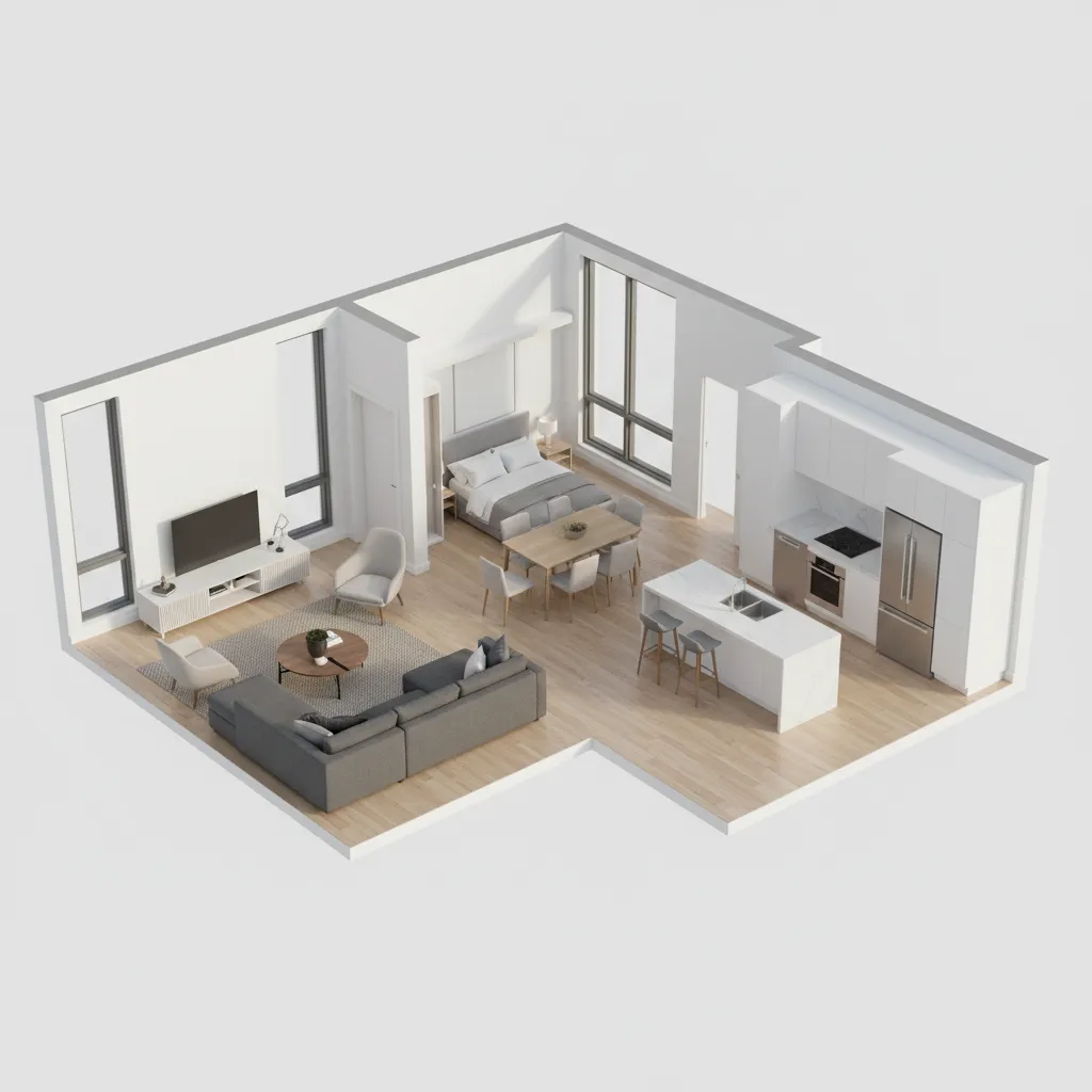 3D visualization of apartment created from interactive floor plan software