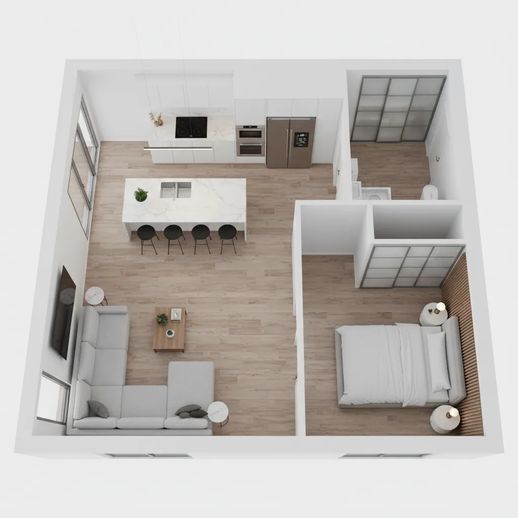 top angled 3D floor plan rendering showing apartment layout with furniture