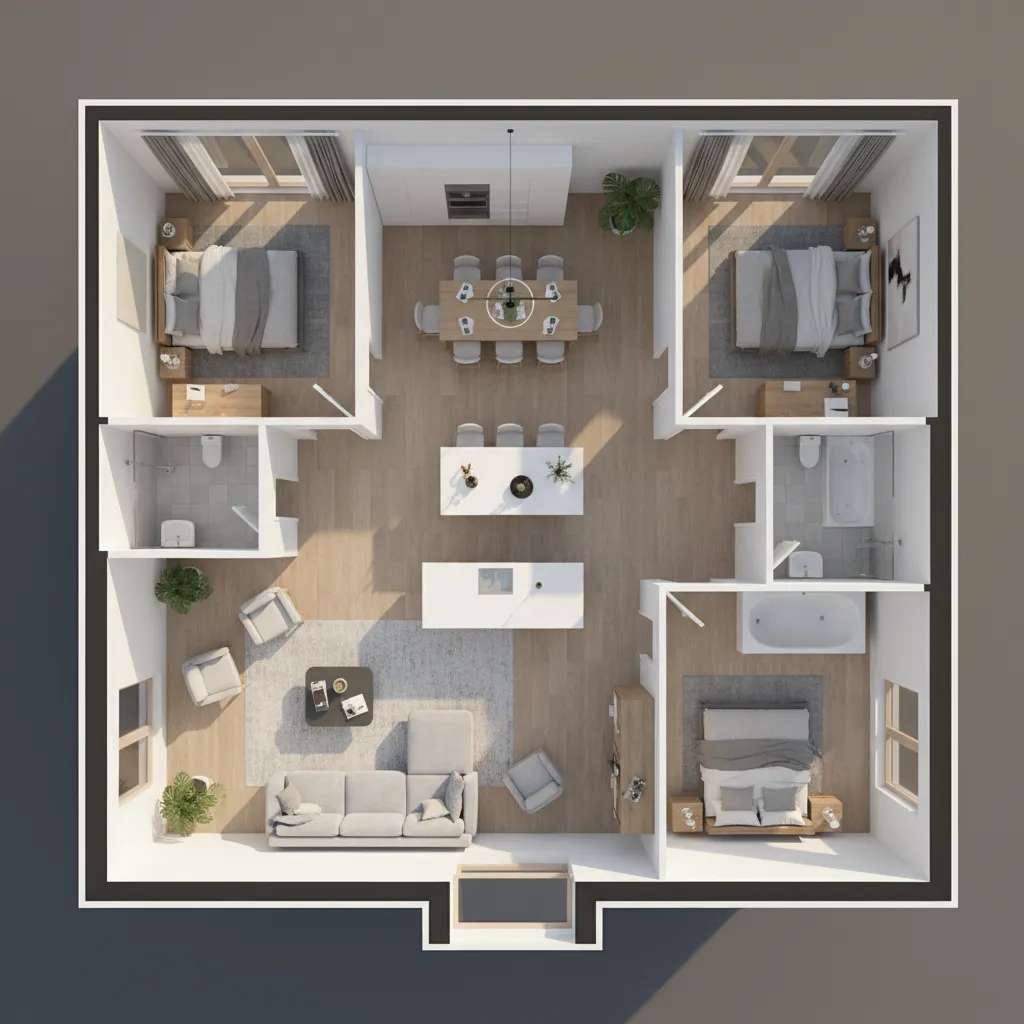 3D rendered house floor plan showing rooms furniture and lighting