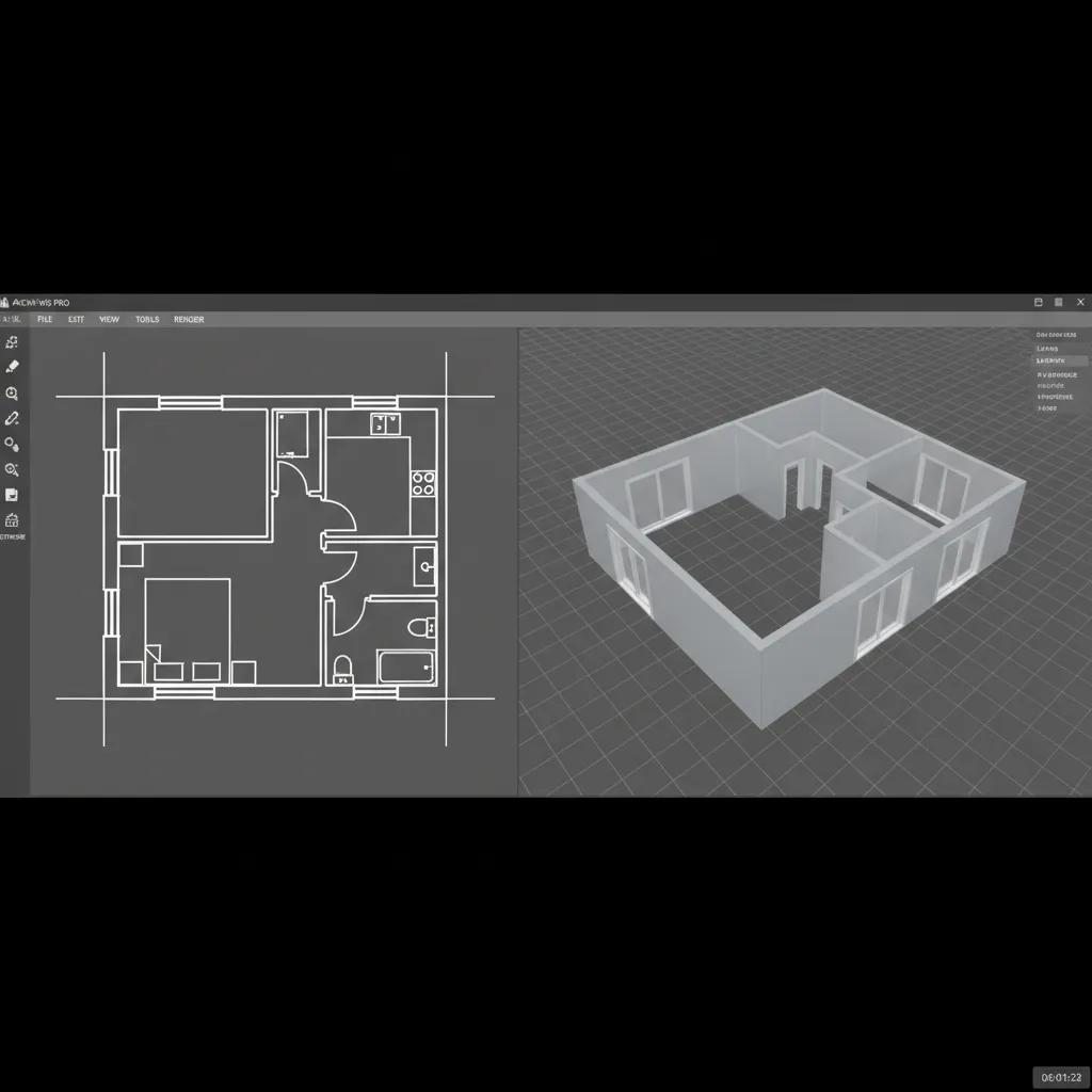 3D modeling interface showing traced walls and room layout