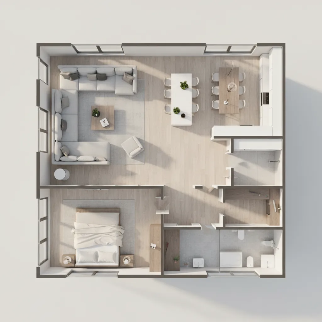 3D floor plan showing room zoning and circulation paths in apartment layout