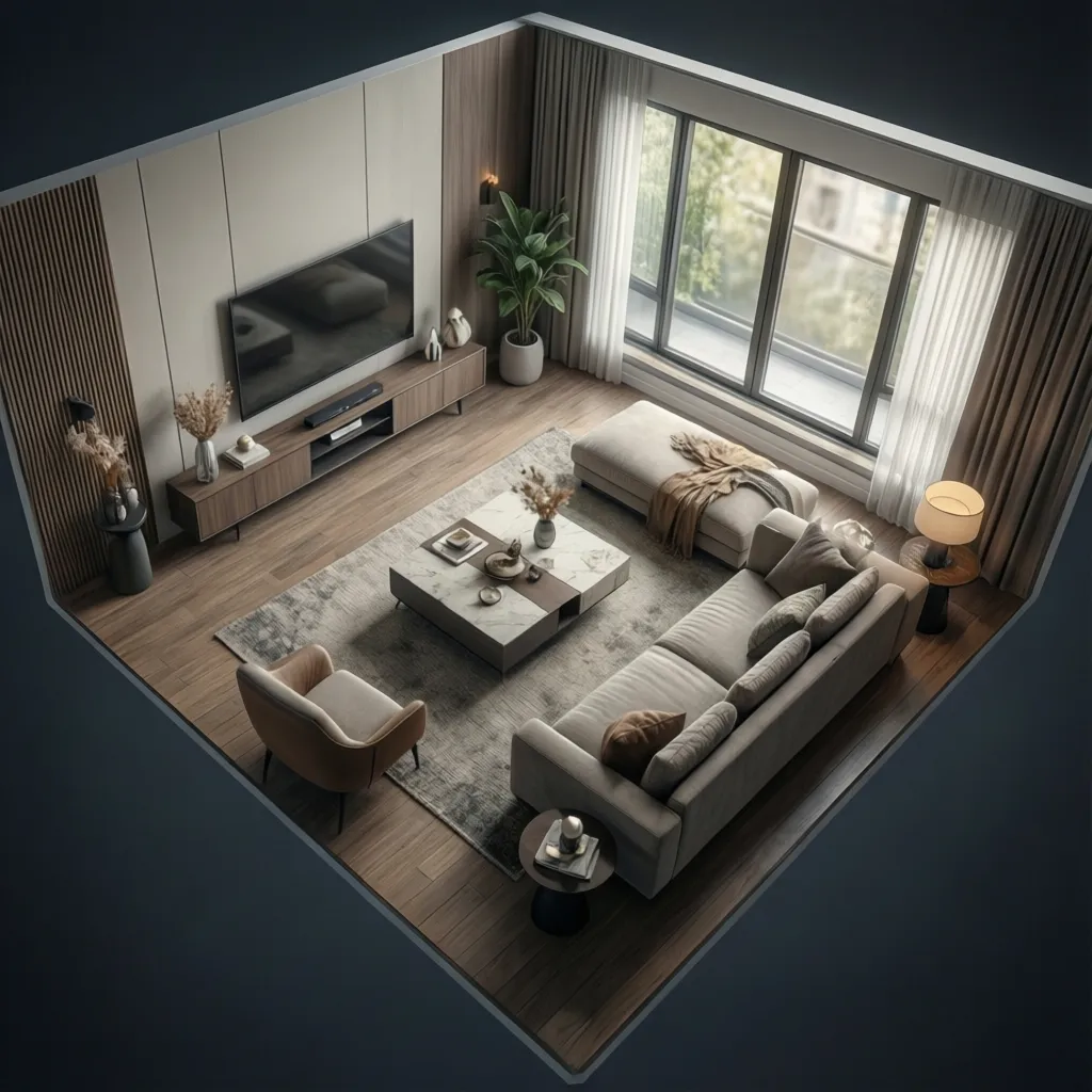 3D floor planner interface showing furniture arrangement in a modern living room layout