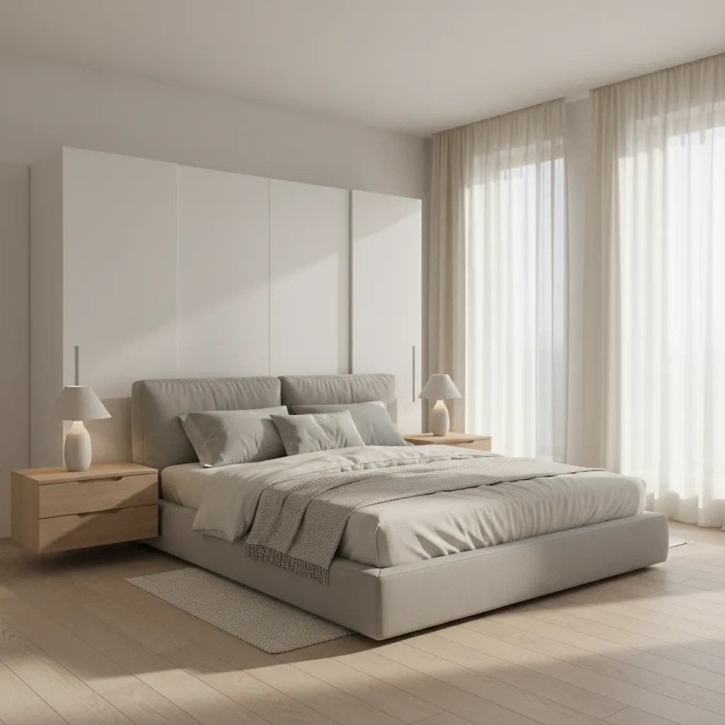 Modern bedroom with grey bed wooden side tables white wall panel and soft white curtains